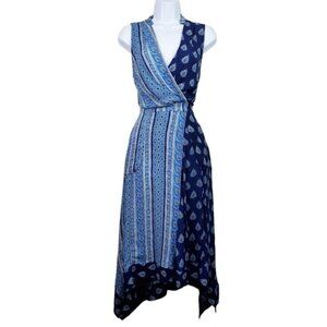 Anthropologie Womens Maeve Sleeveless Blue Eclipsed Faux Wrap Midi Dress Size 2